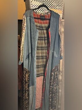 Patchwork Button-Front Denim Duster with Floral Panels. Can be worn as a dress